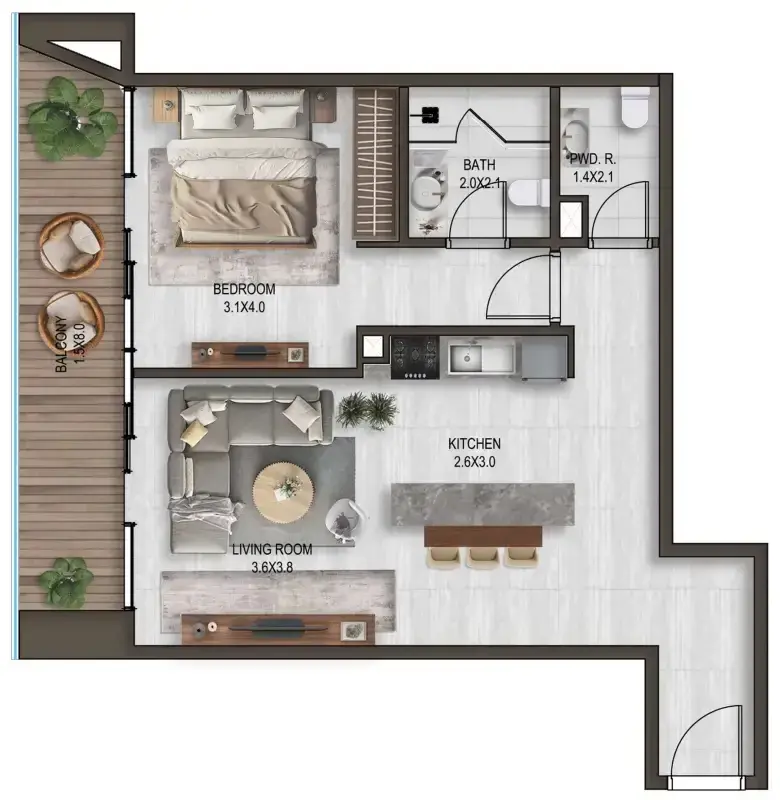 1 Bedroom apartments - Noore floor plan