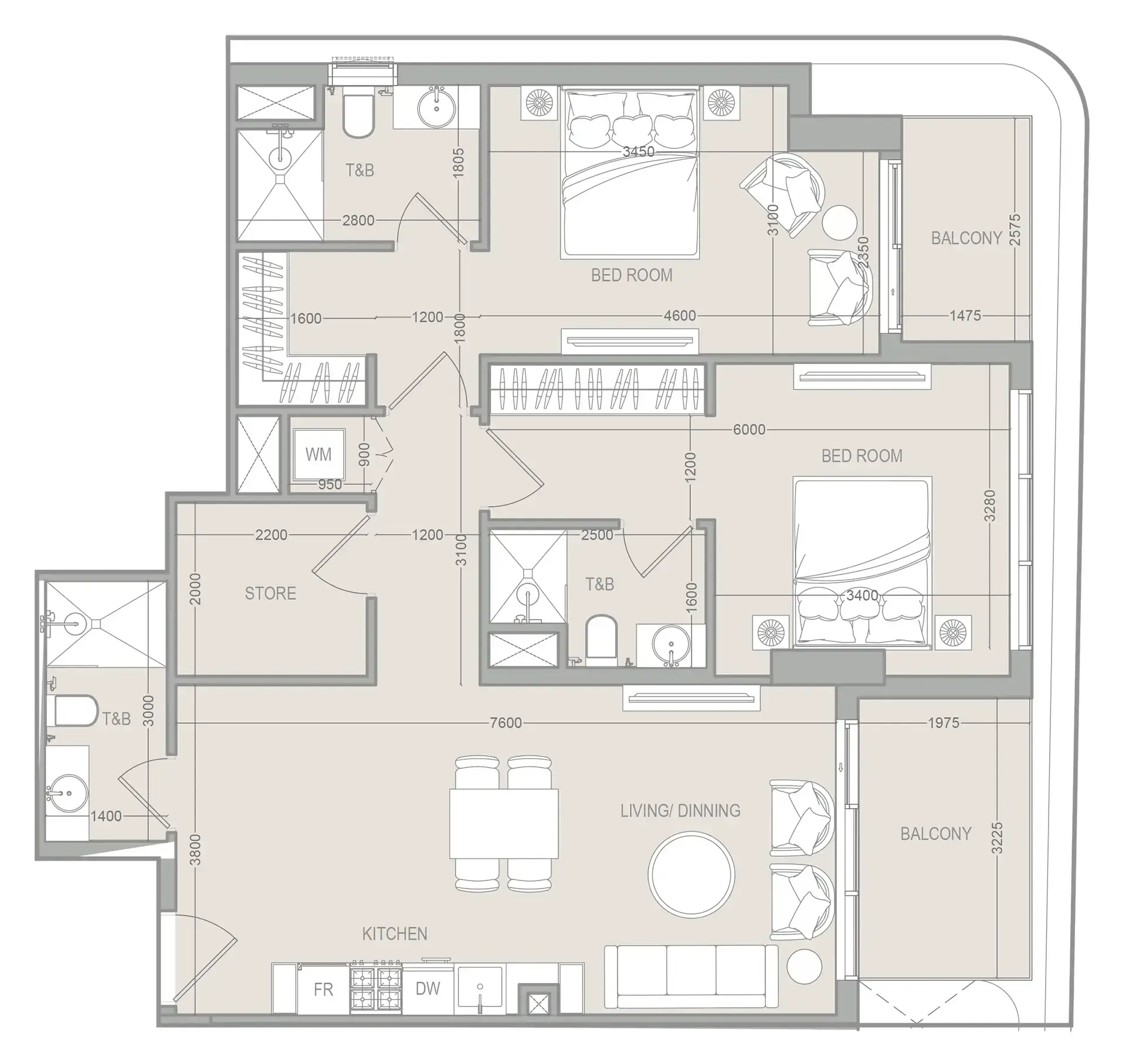 2 Bedrooms apartments - FLU1D ONE floor plan