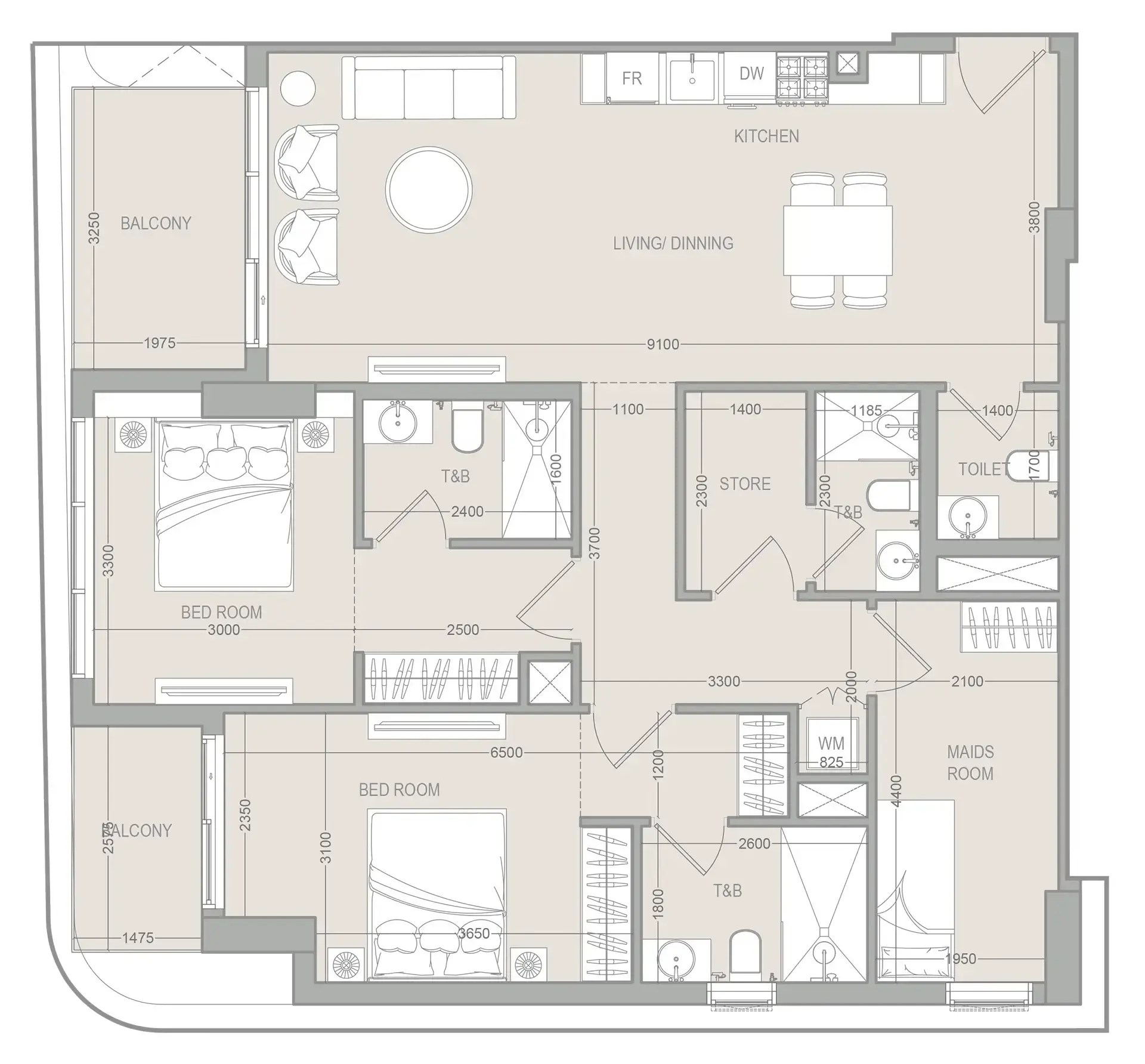 2.5 bedrooms apartments - FLU1D ONE floor plan