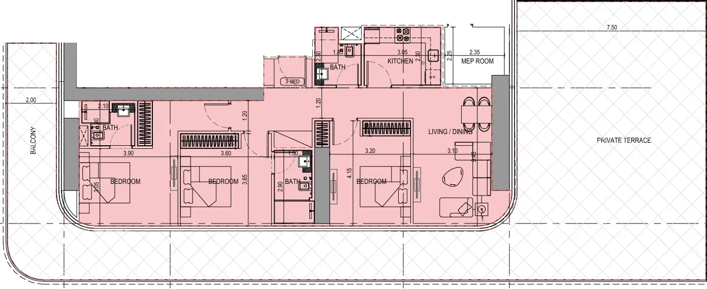 3 Bedrooms apartments - Binghatti Sky Terraces floor plan