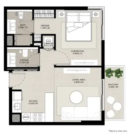 1 Bedroom apartments - Rosewell floor plan
