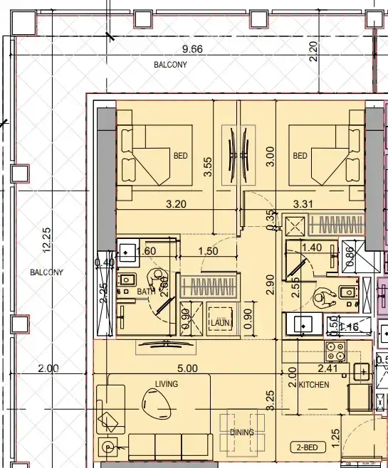 2 Bedrooms apartments - Binghatti Titania floor plan