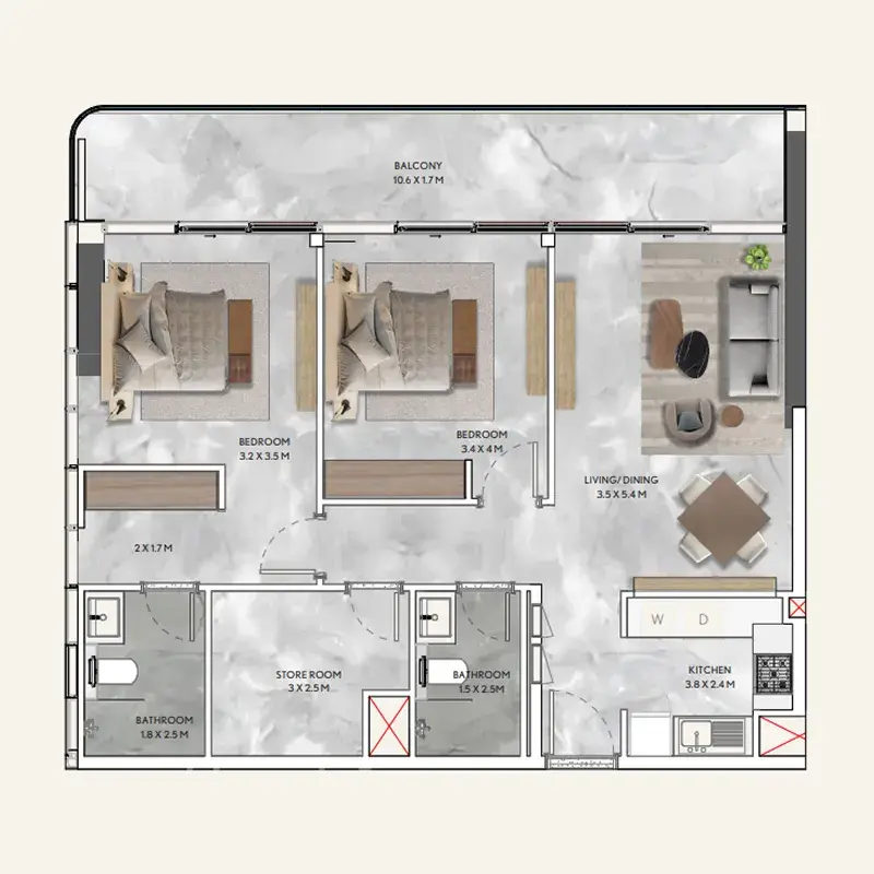 2 Bedrooms apartments - California Residences floor plan