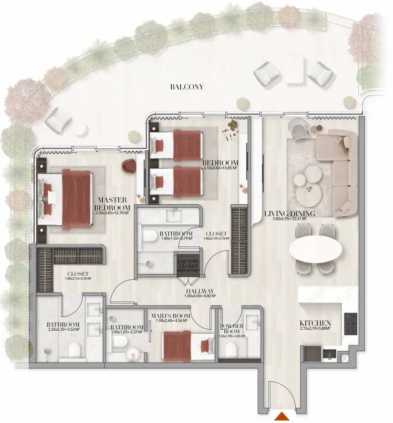 2 Bedrooms apartments - Gate Eleven by Amwaj Development floor plan