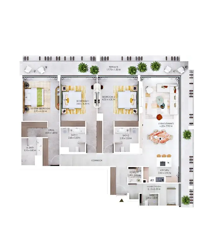 3 Bedrooms apartments - Rabdan Square floor plan
