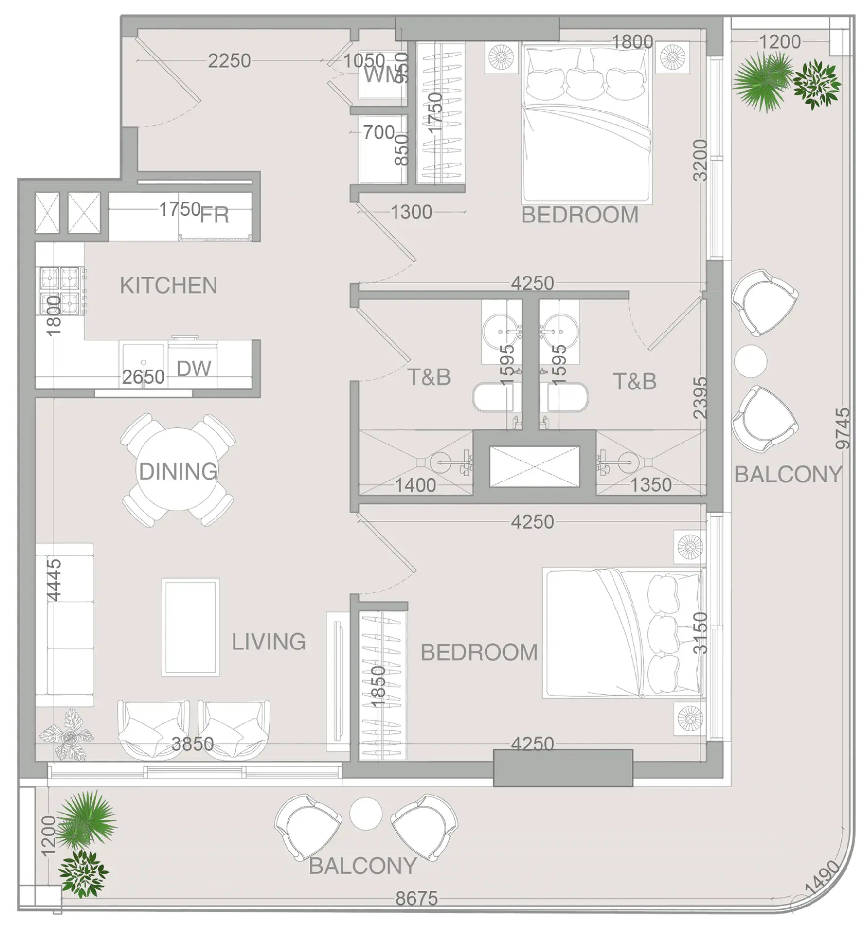 2 Bedrooms apartments - VERDAN1A 4 floor plan