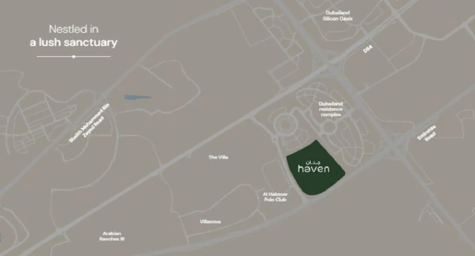 Master plan layout of Haven by Aldar, showing central park, landscaped trails, wellness pavilions, residential zones, and community facilities.