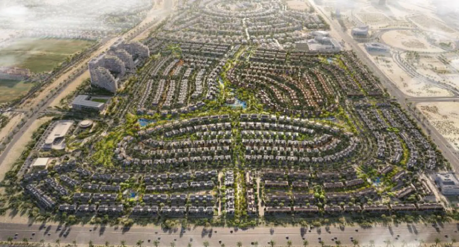 Master plan layout of Haven by Aldar, showing central park, landscaped trails, wellness pavilions, residential zones, and community facilities.
