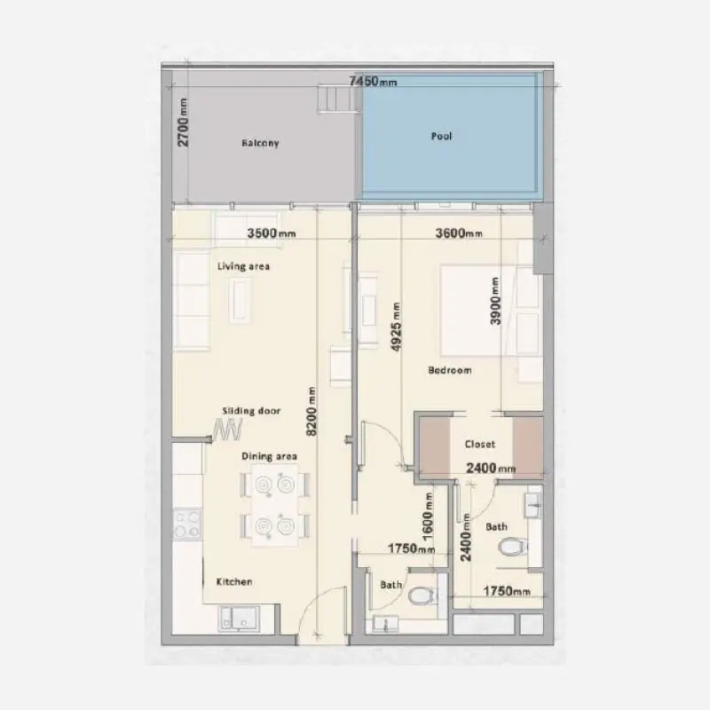 1 bedroom + pool floor plan