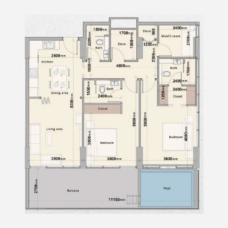 2 bedroom + pool floor plan