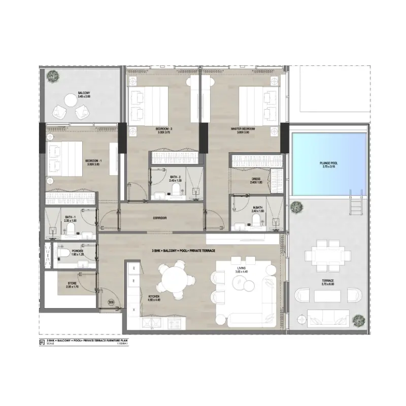 3 bedroom + pool floor plan