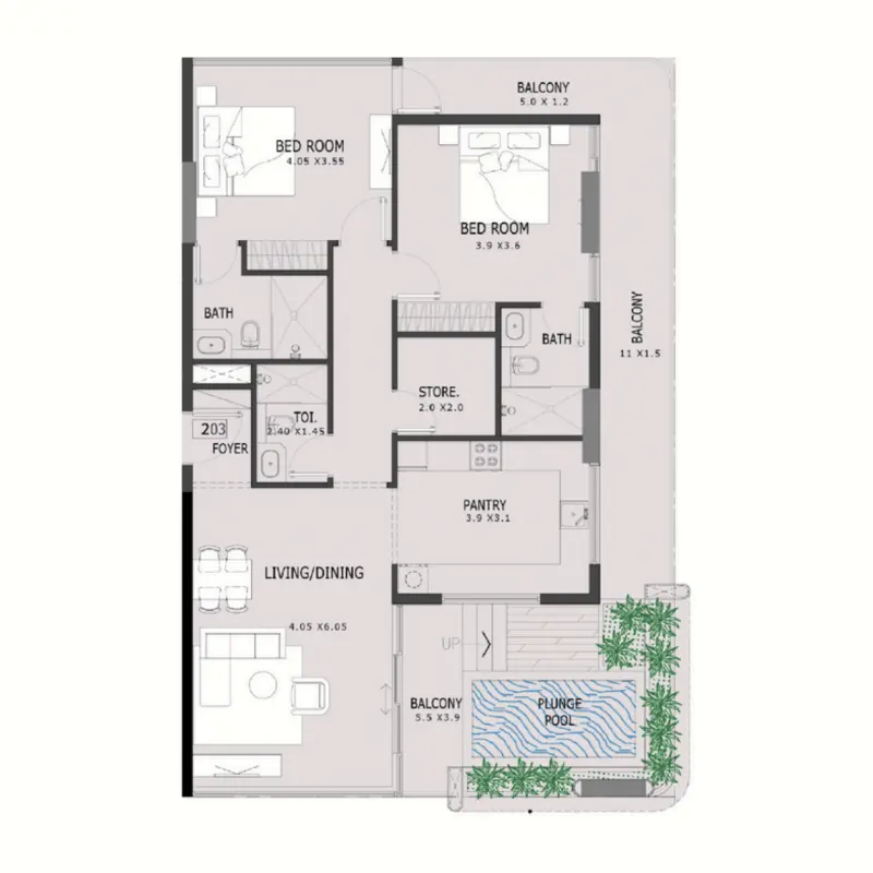 2 bedroom + pool floor plan