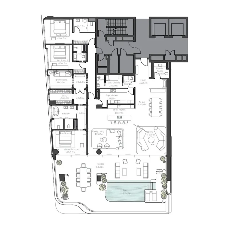 3 bedroom + pool floor plan