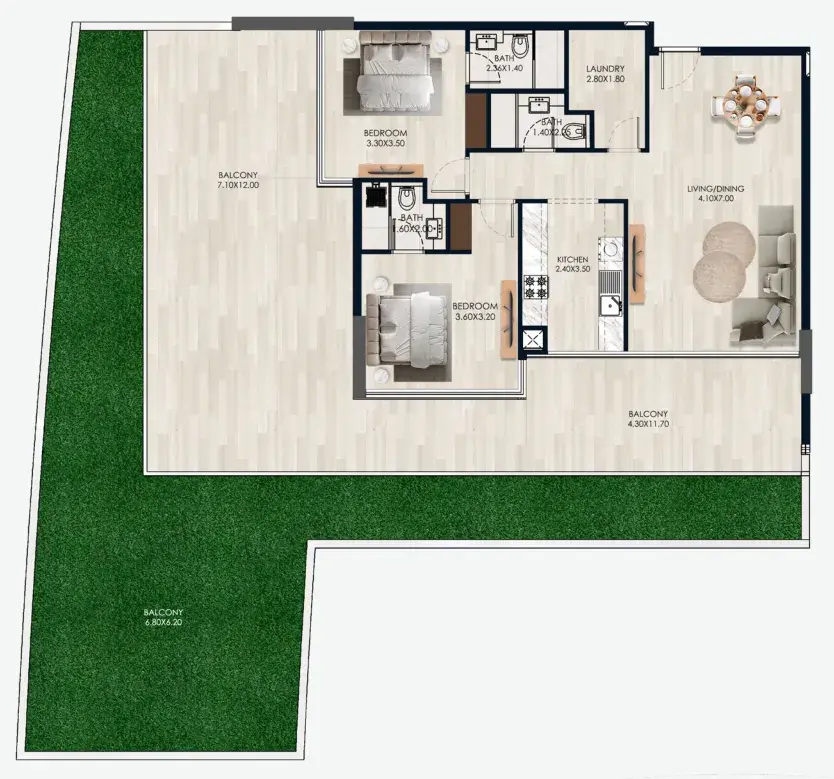 2 Bedrooms apartments - Reem by Vision floor plan
