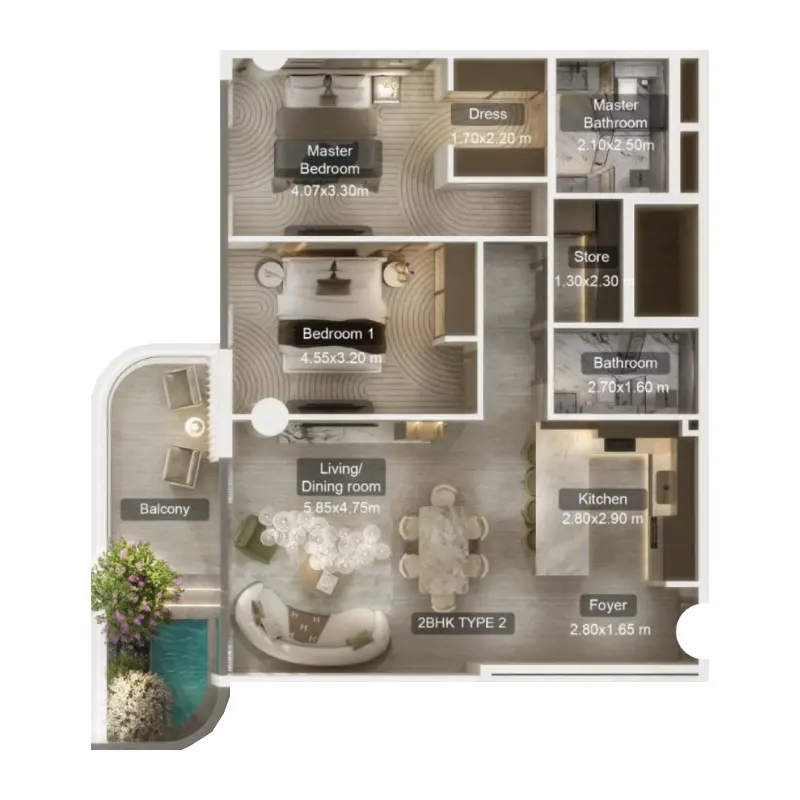 2 bedroom + pool floor plan