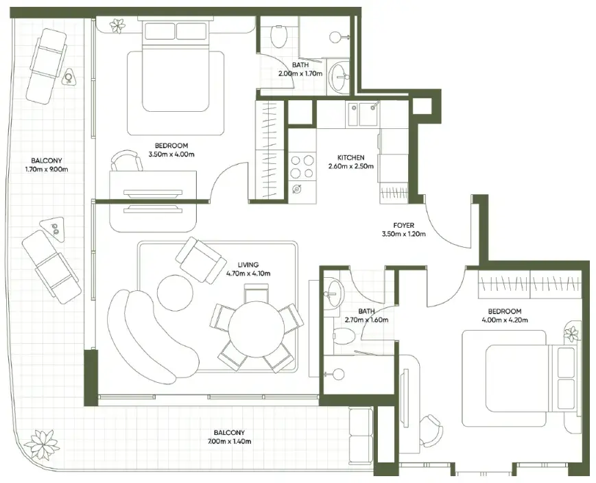 2 Bedrooms apartments - Olivia Gardens floor plan