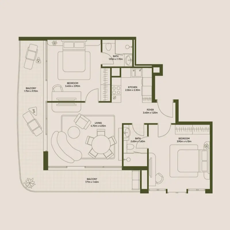 2 bedroom Apartments -  Olivia Gardens floor plan
