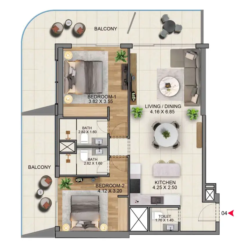 2 Bedrooms apartments - Marriott Residences JLT floor plan