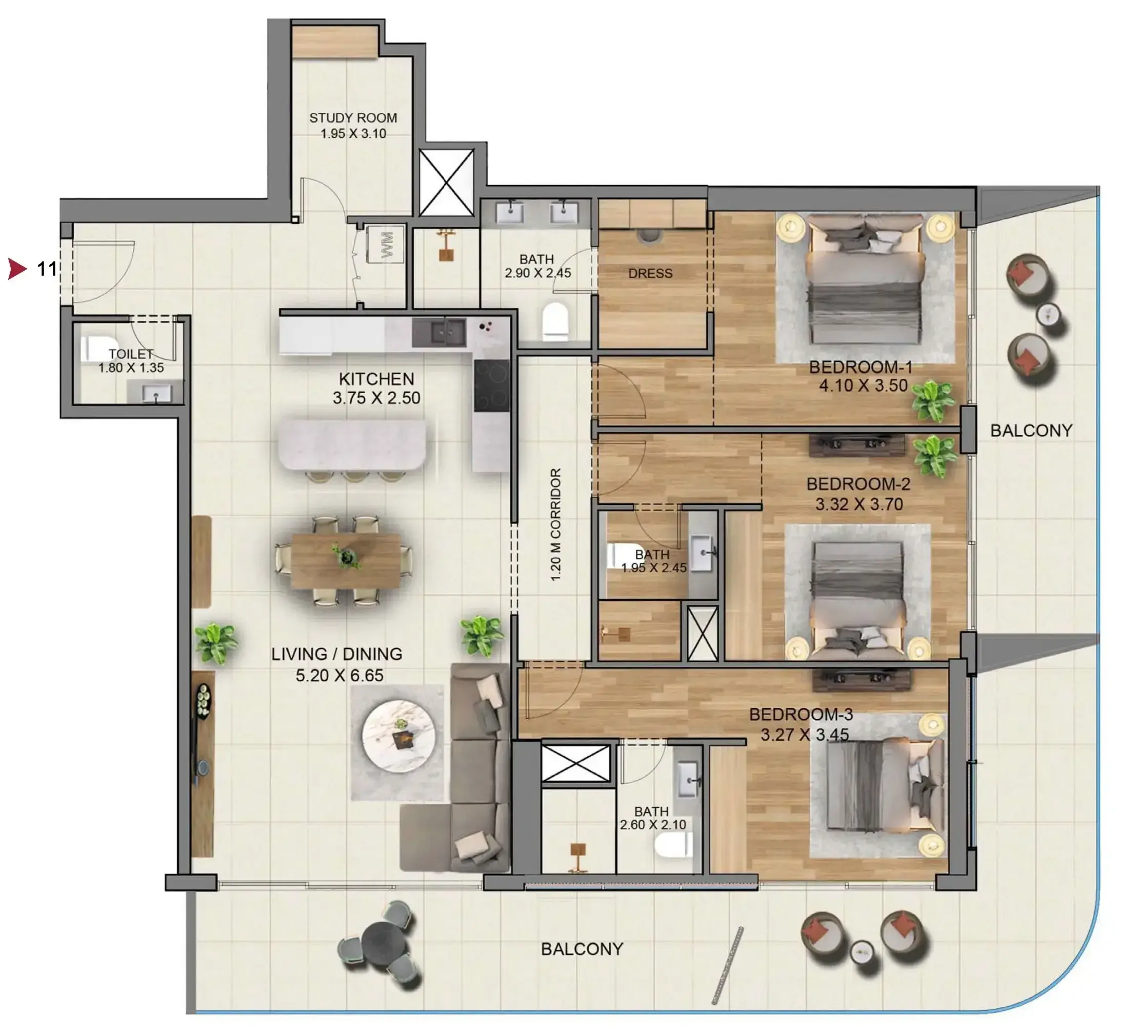 3 Bedrooms apartments - Marriott Residences JLT floor plan
