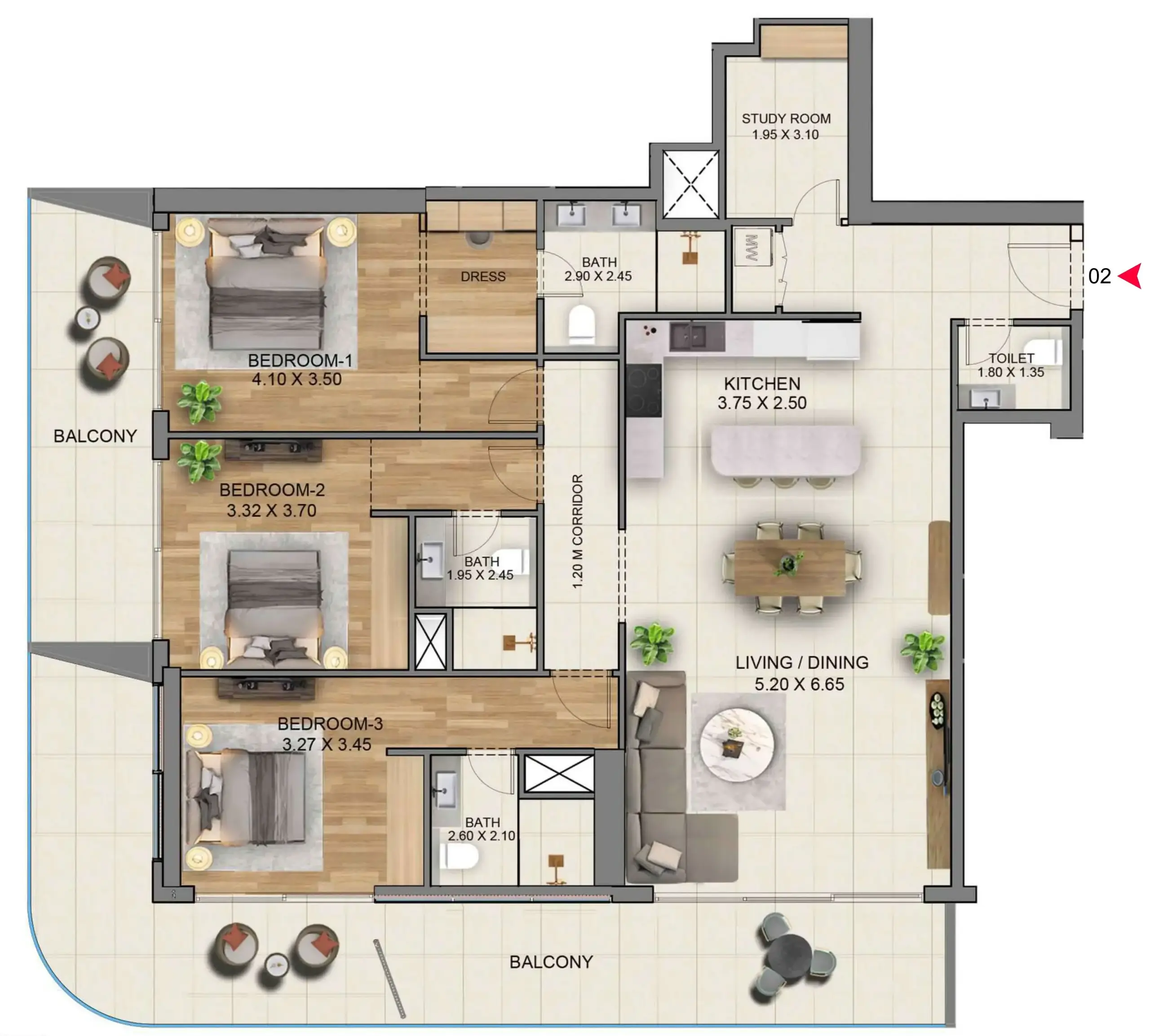 3.5 bedrooms apartments - Marriott Residences JLT floor plan