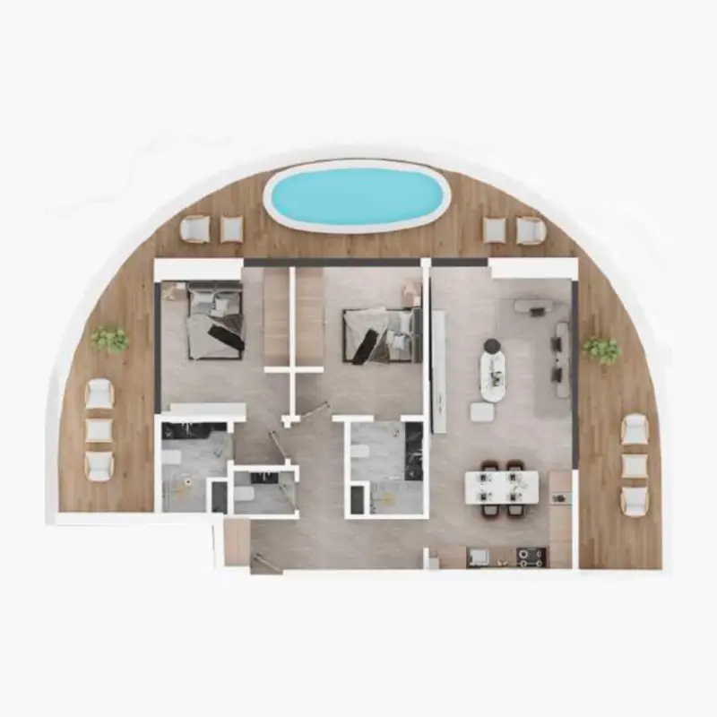 2 bedroom + pool floor plan