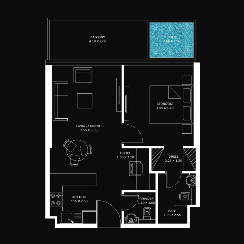 1 bedroom + pool floor plan