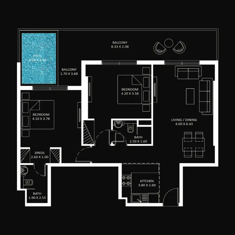 2 bedroom + pool floor plan