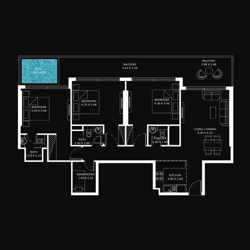 3 bedroom + pool floor plan