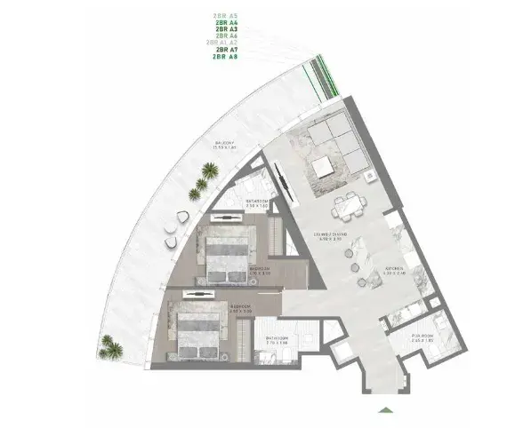 2 Bedrooms apartments - Canal Crown floor plan