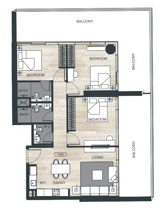 3 Bedrooms apartments - Binghatti Ghost floor plan