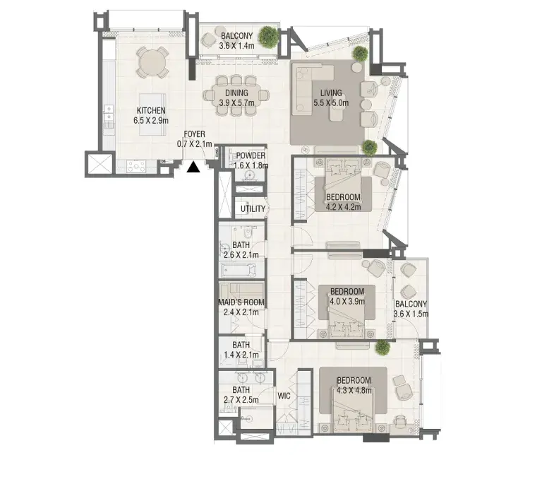 3.5 bedrooms apartments - Design Quarter floor plan