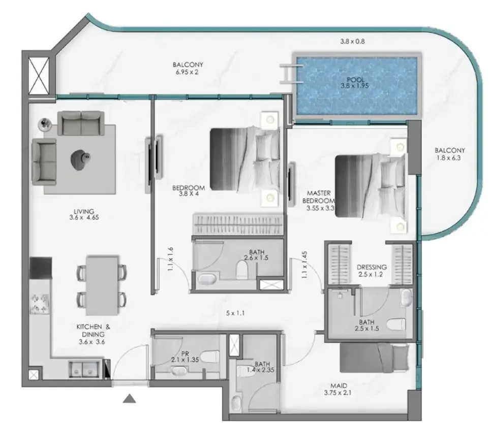 2 Bedrooms apartments - Samana Ocean Bay floor plan