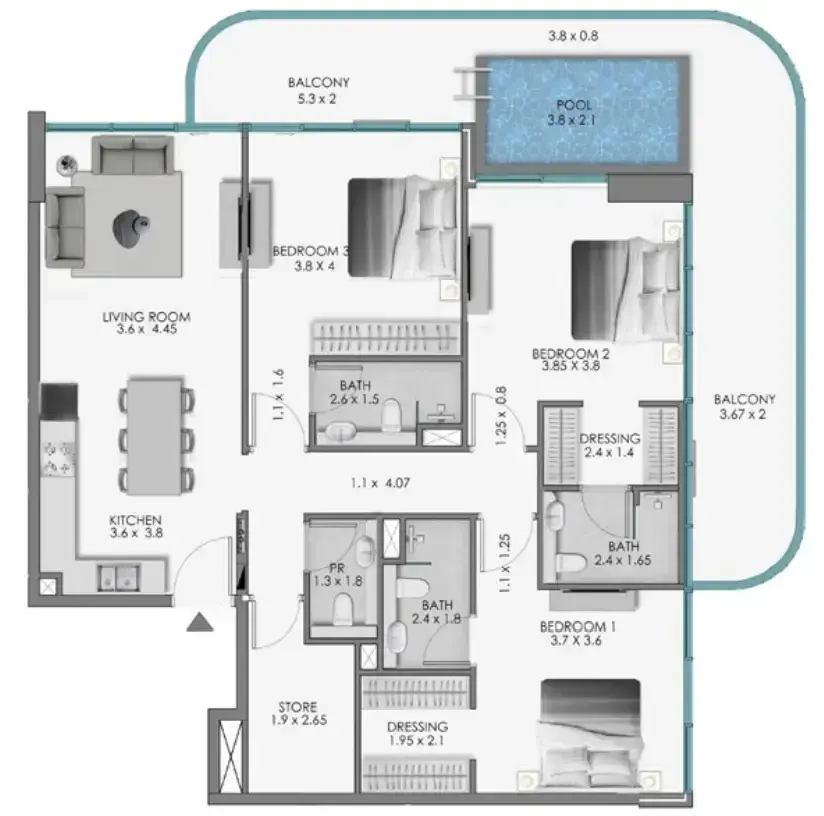 3 Bedrooms apartments - Samana Ocean Bay floor plan