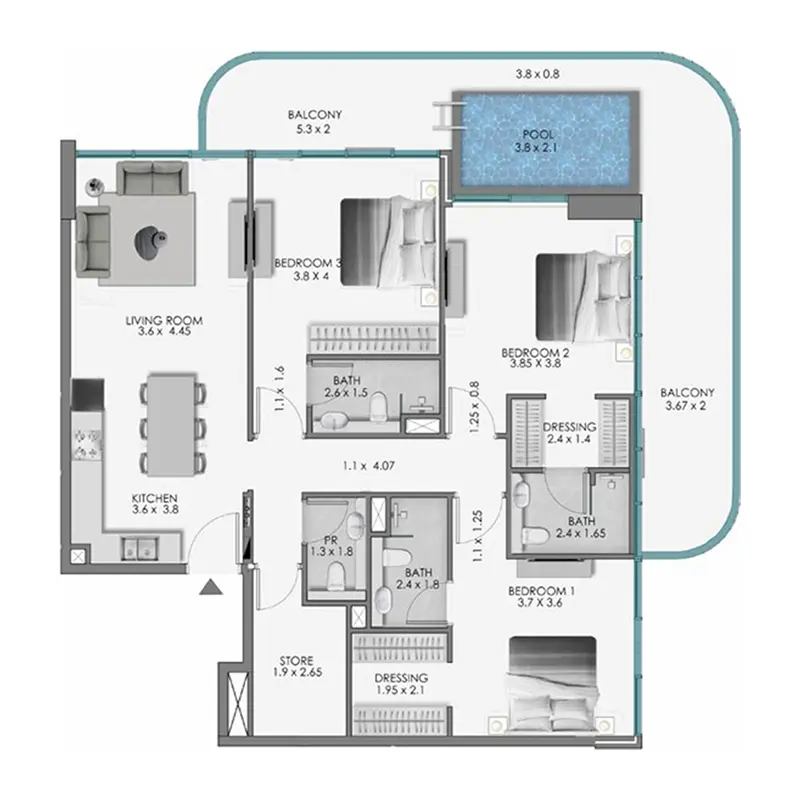 3 bedroom + pool Apartments -  Samana Ocean Bay floor plan