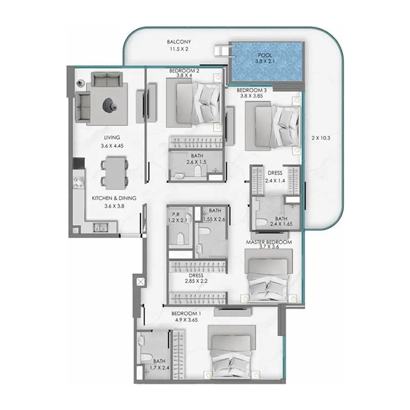4 bedroom + pool Penthouse -  Samana Ocean Bay floor plan