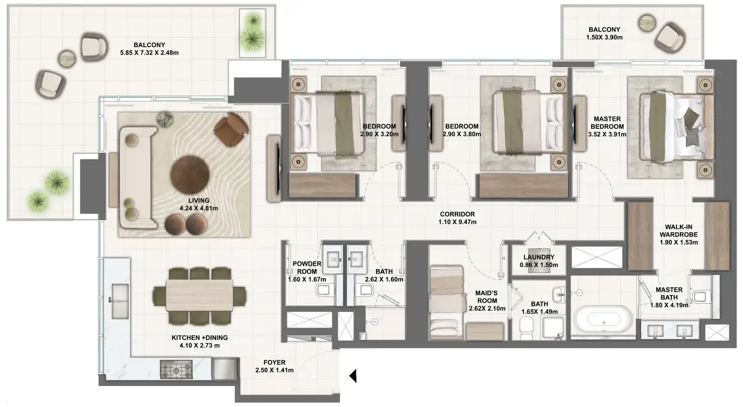 3 Bedrooms apartments - Silva Dubai Creek Harbour floor plan