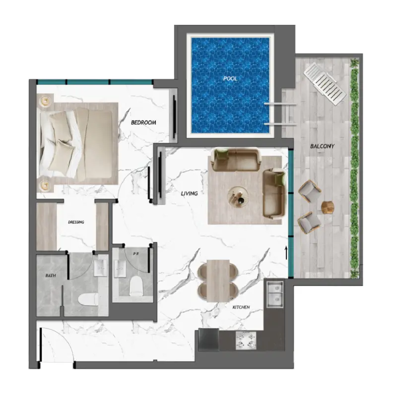 1 bedroom + pool floor plan