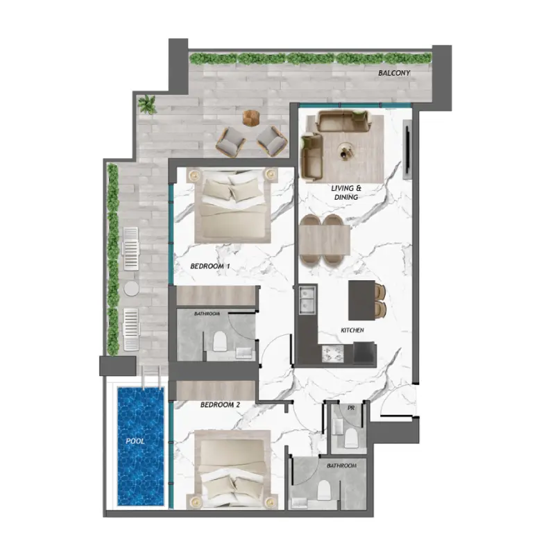 2 bedroom + pool floor plan