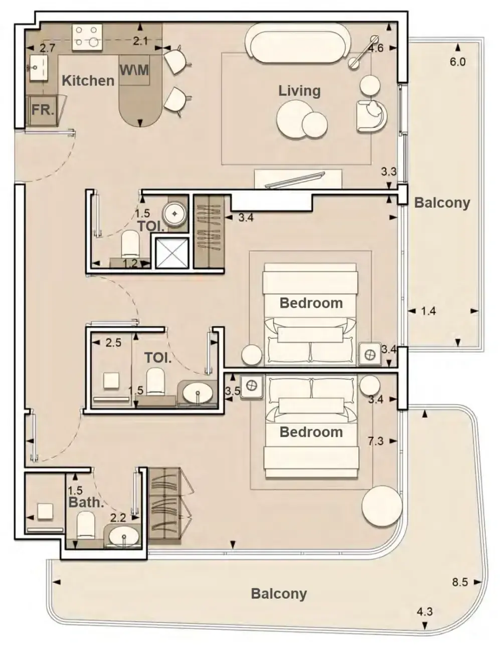 2 Bedrooms apartments - Lume Residences floor plan