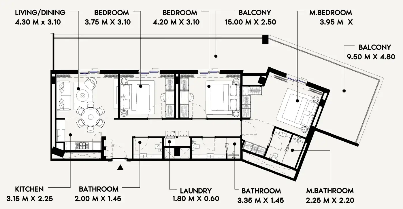 3 Bedrooms apartments - Azizi Lina floor plan