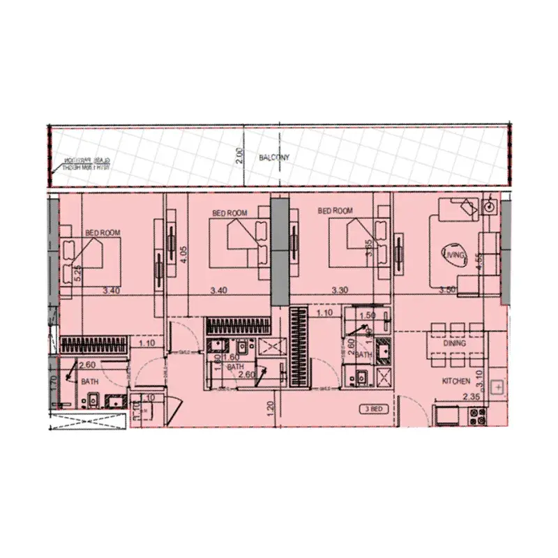 3 Bedrooms apartments - Binghatti Flare floor plan