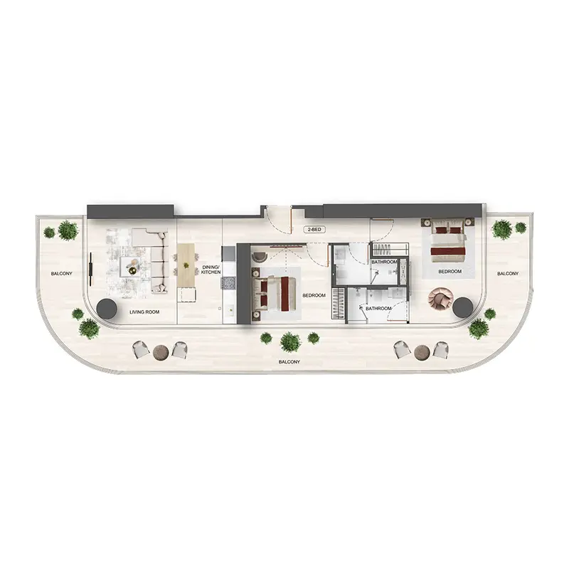 2 bedroom Apartments -  Binghatti Flare floor plan