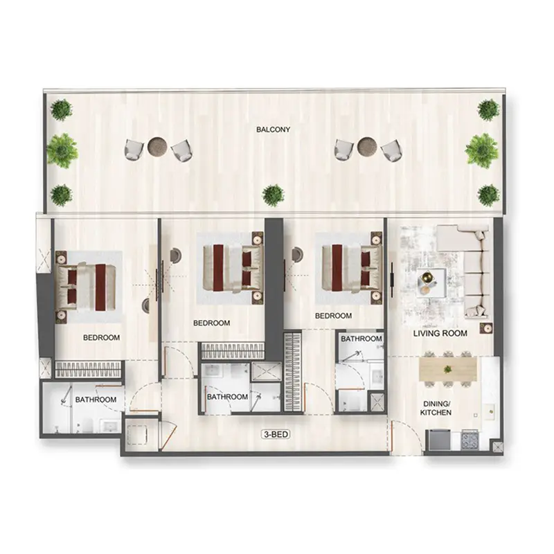 3 bedroom Apartments -  Binghatti Flare floor plan
