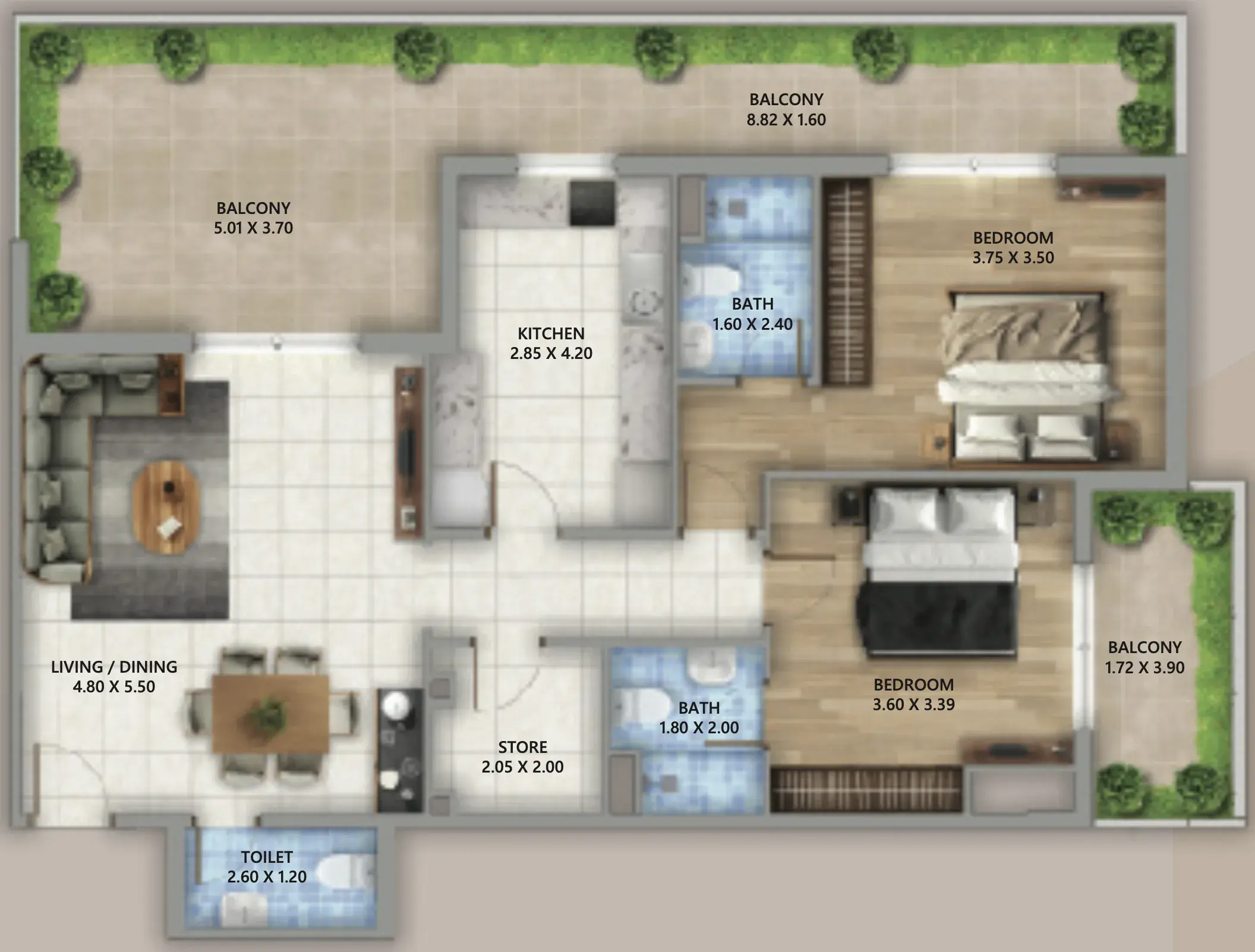 2 Bedrooms apartments - Linden Residences floor plan