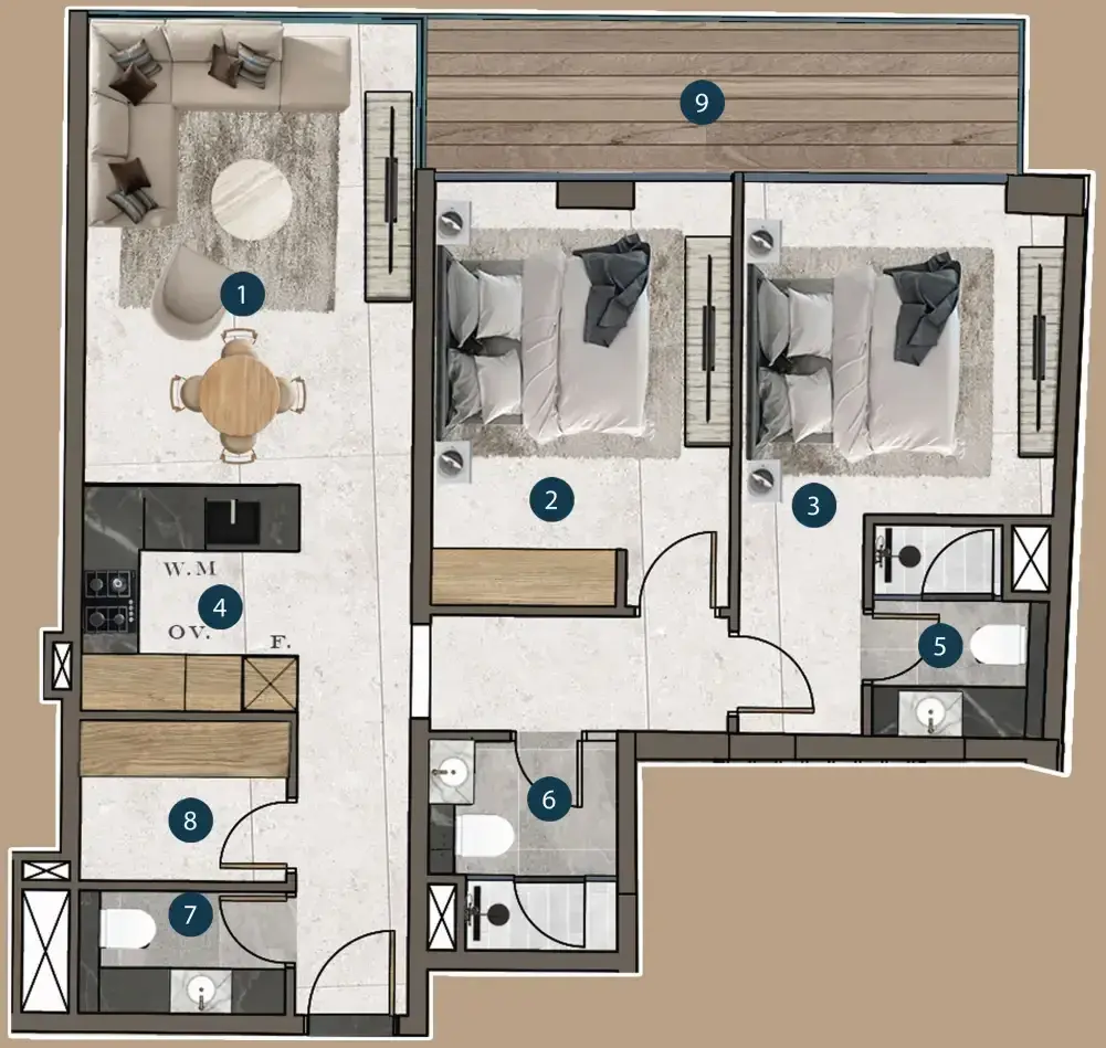 2 Bedrooms apartments - Mi Casa floor plan