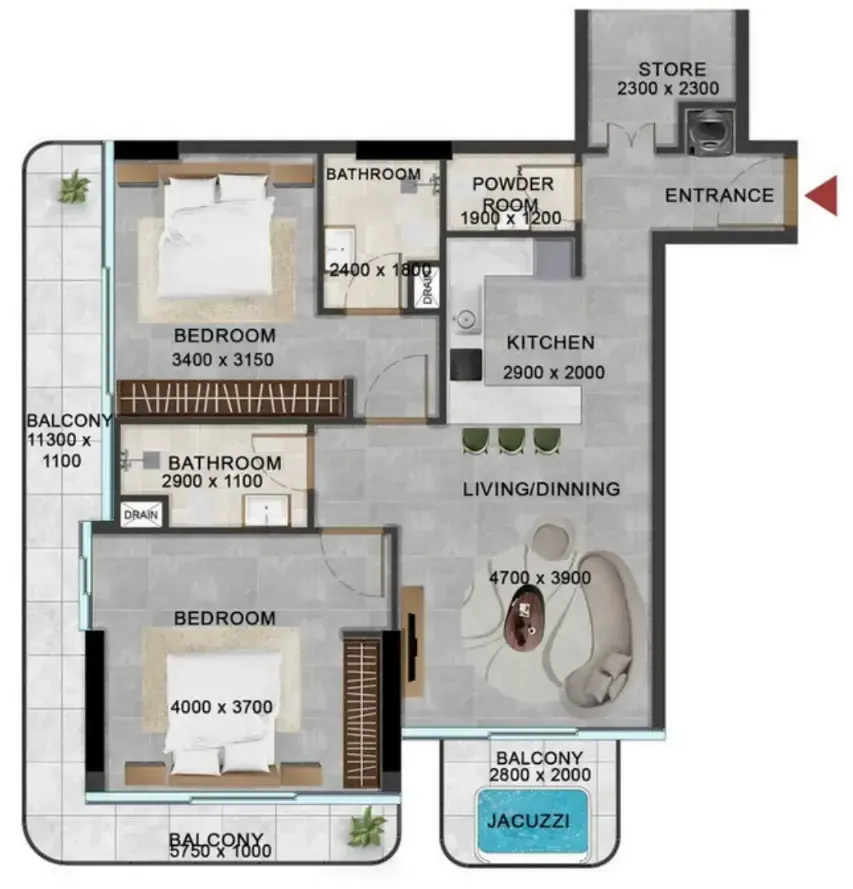 2 Bedrooms apartments - Vivanti Residences by Meteora floor plan