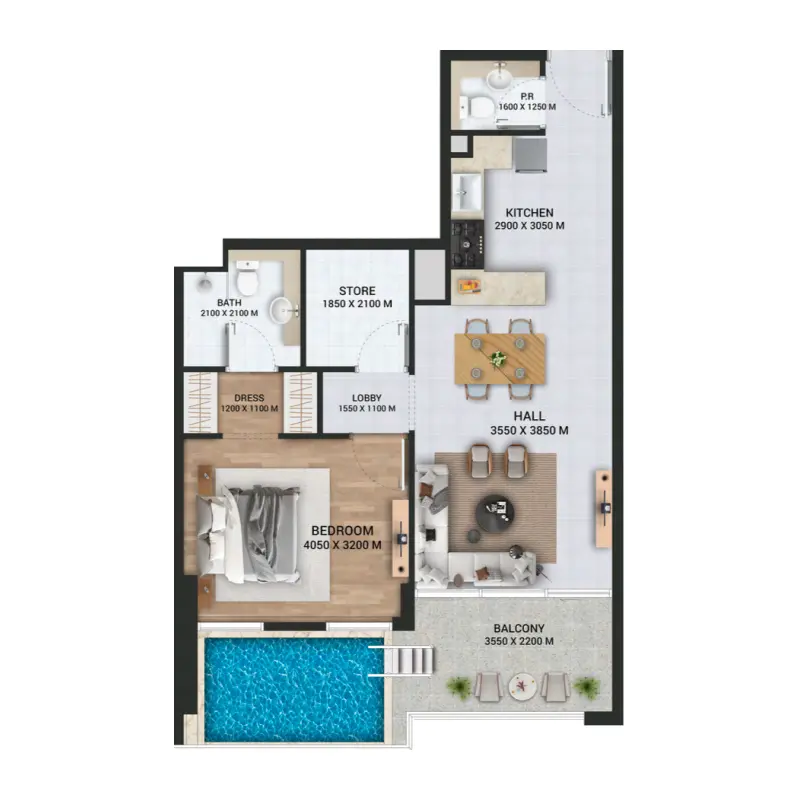 1 bedroom + pool floor plan