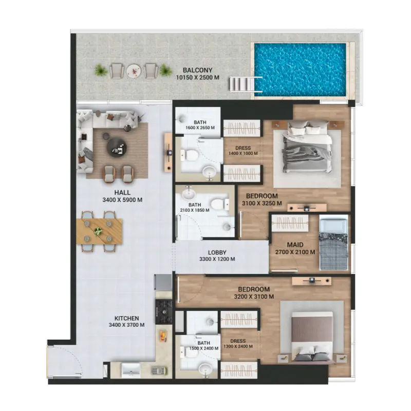 2 bedroom + pool floor plan