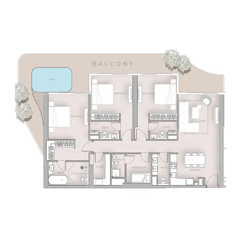 3 bedroom + pool Apartments -  Beverly Grande floor plan