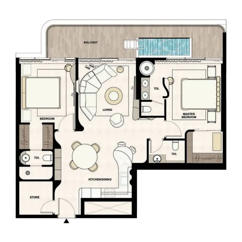 2 bedroom + pool floor plan